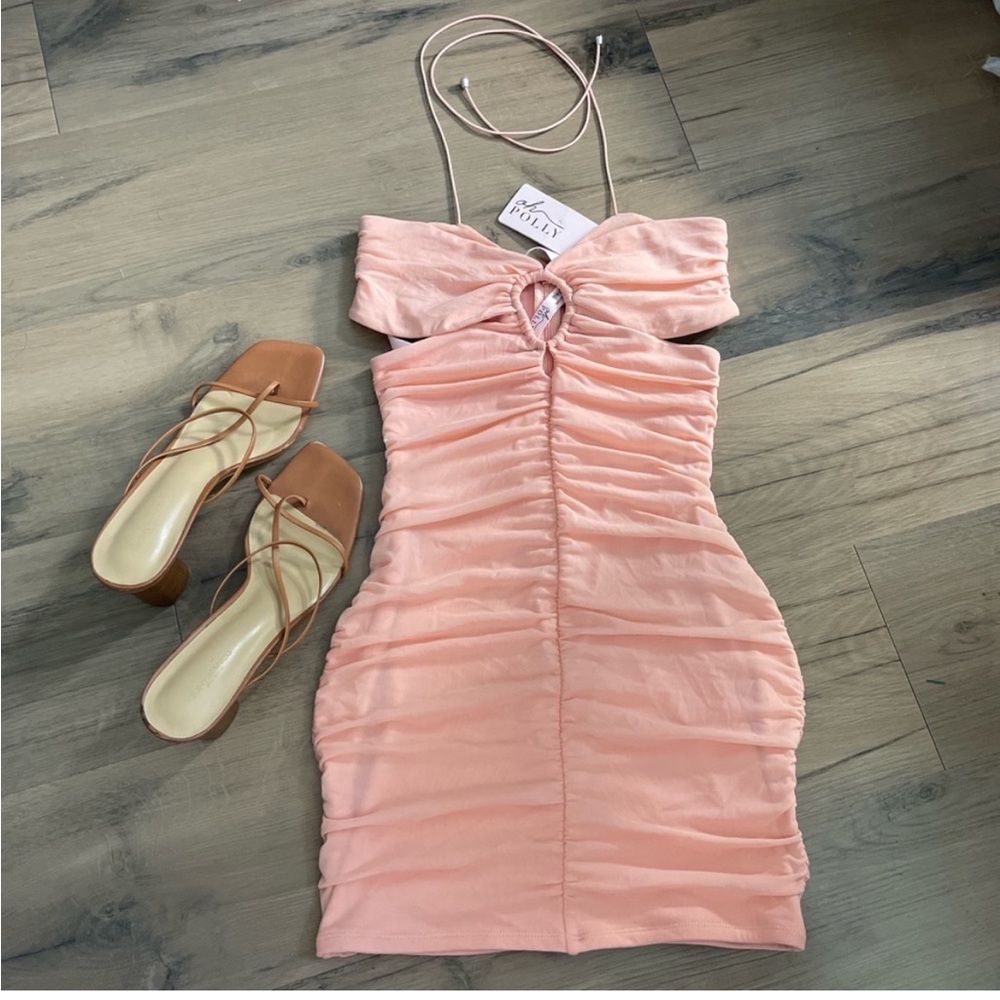 Oh Polly ruched pink peach nude bodycon mesh mini dress NWT size US 8